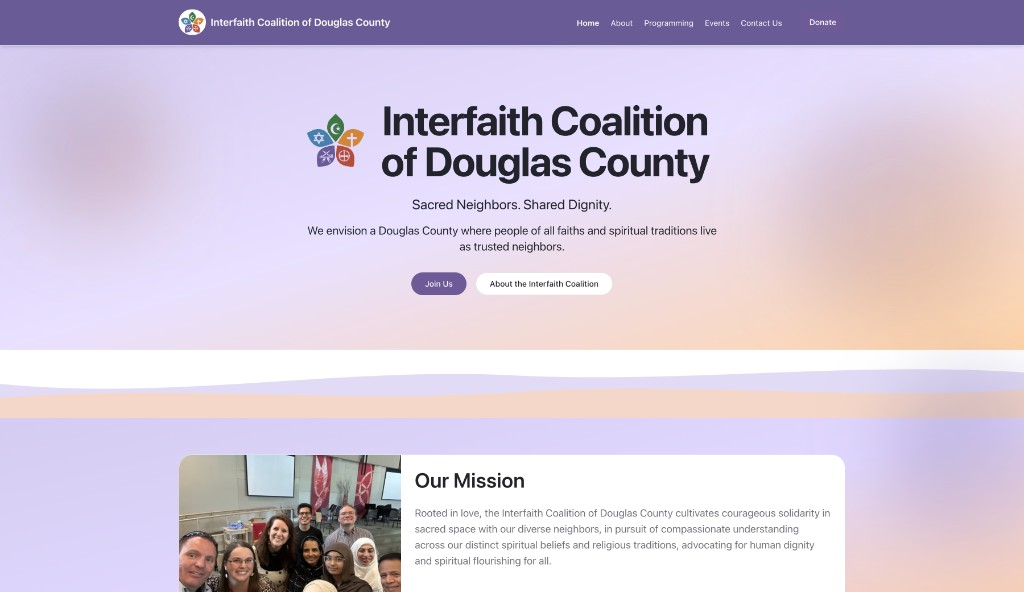 Douglas County Interfaith Coalition website homepage with mission and community imagery
