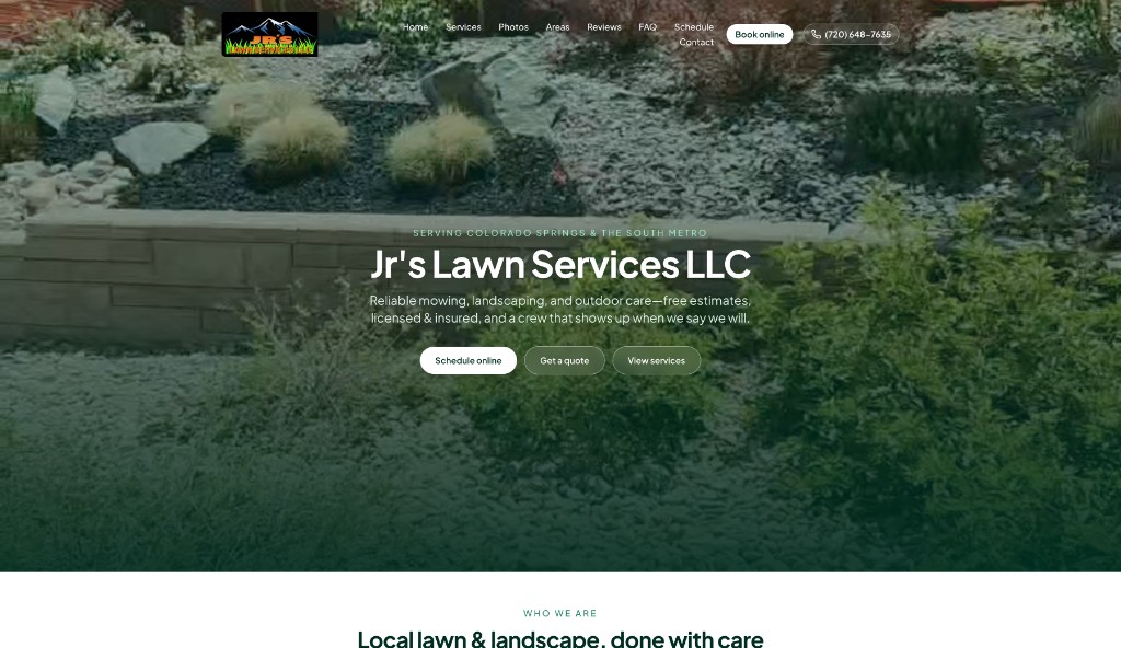 JR's Lawn Services LLC website homepage with landscaping hero and service area