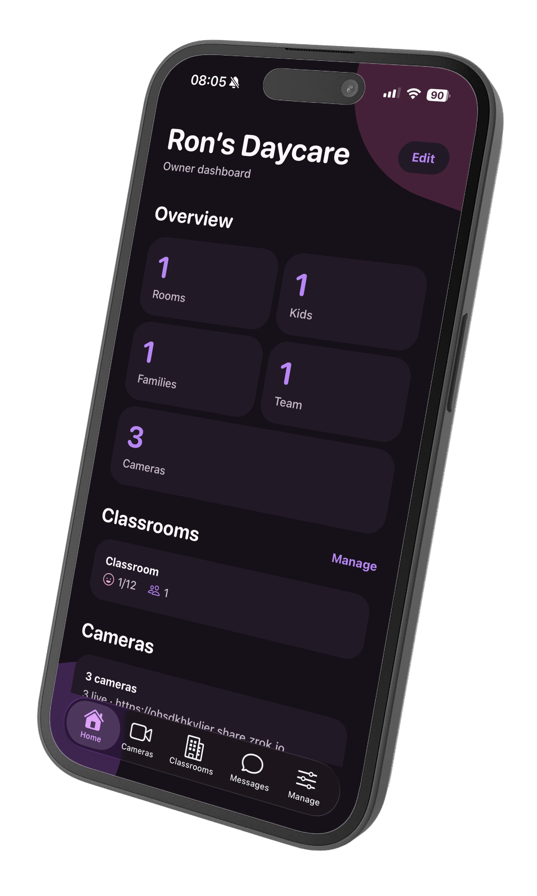 Oma owner dashboard on a phone, showing rooms, kids, families, team, and live cameras