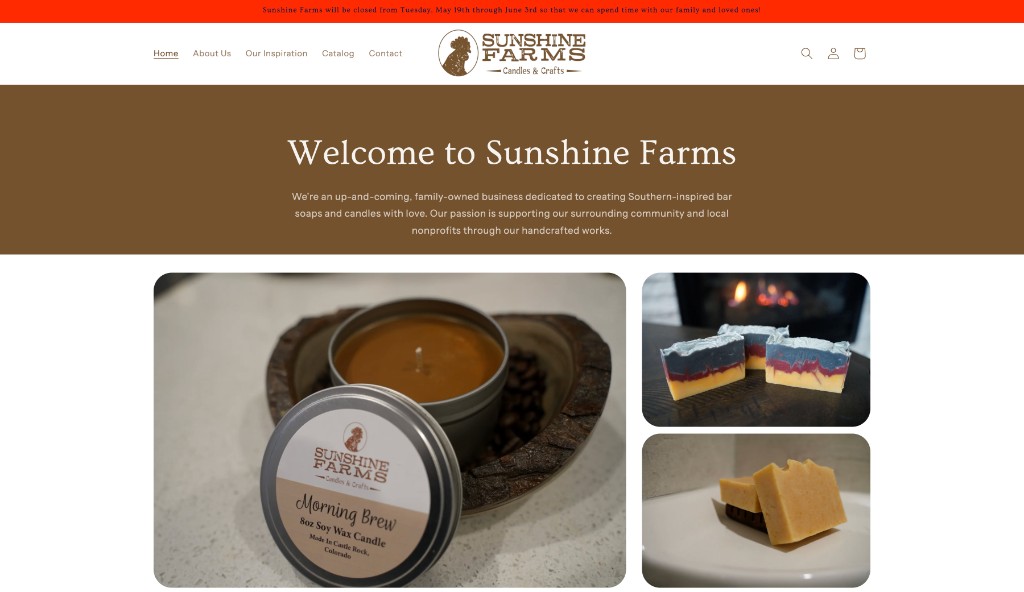 Sunshine Farms website homepage featuring handmade candles and soaps