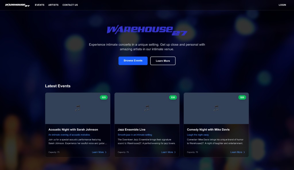 Warehouse27 website homepage showcasing intimate concert events and venue branding